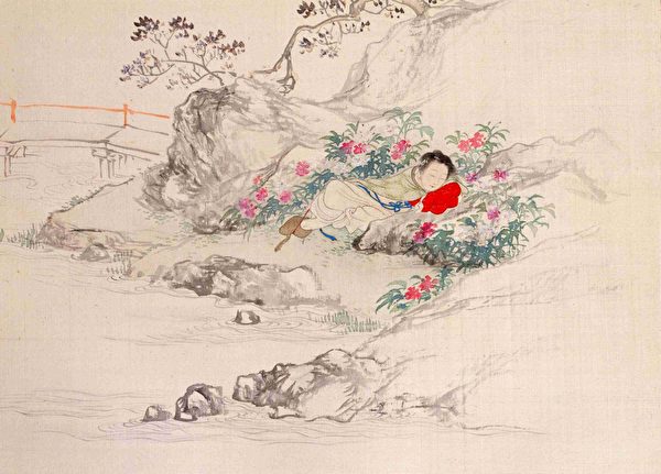 湘云像，清费丹旭绘《十二金钗图册》，绢本设色，北京故宫博物院藏。（公有领域）