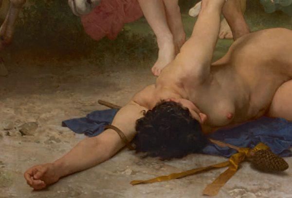 ［法］威廉‧布格羅（William Bouguereau）的《青年巴庫斯》（La Jeunesse de Bacchus），醉倒女子的局部，布面油畫，1884年作，6.09 × 3.35米，私人收藏。(Courtesy of Sotheby's)
