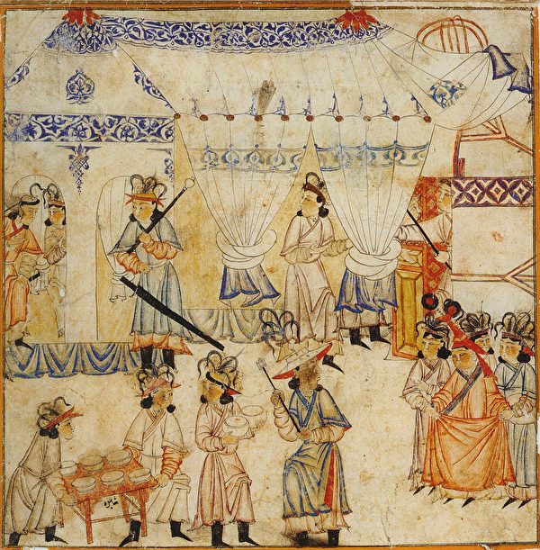 图为柏林国家图书馆所藏的波斯细密画册Diez Albums中描绘的蒙古帝国皇后筹备飨宴的场景。（公有领域）